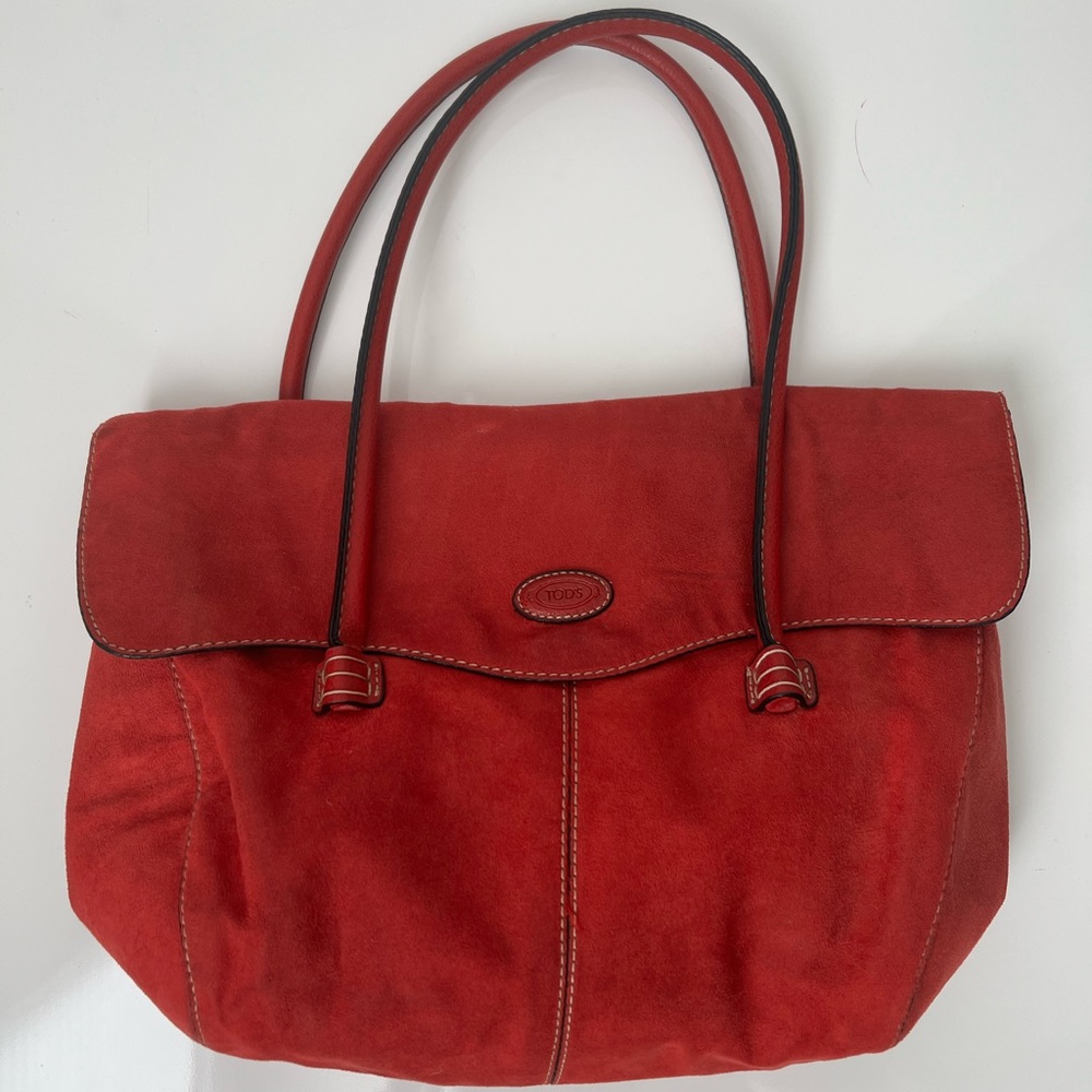 Tod's Red Suede Tote Bag